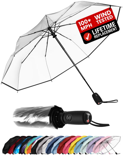 Windproof Travel Umbrella - Compact & Withstands Winds up to 100MPH, Strongest Premium Auto Folding Umbrella for Rain and Sun - Durable, Light & Portable for Women & Men, Fits Backpack & Cars