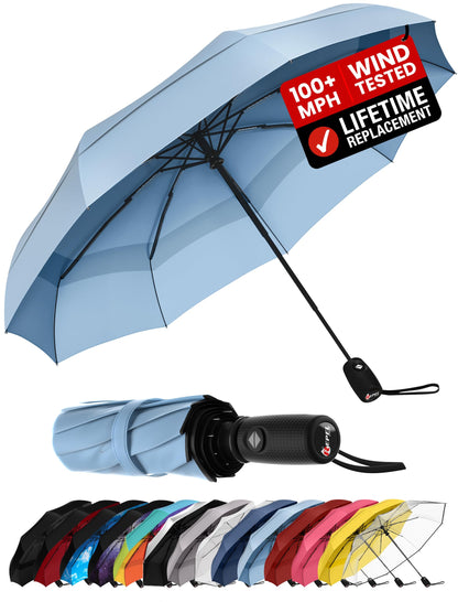 Windproof Travel Umbrella - Compact & Withstands Winds up to 100MPH, Strongest Premium Auto Folding Umbrella for Rain and Sun - Durable, Light & Portable for Women & Men, Fits Backpack & Cars