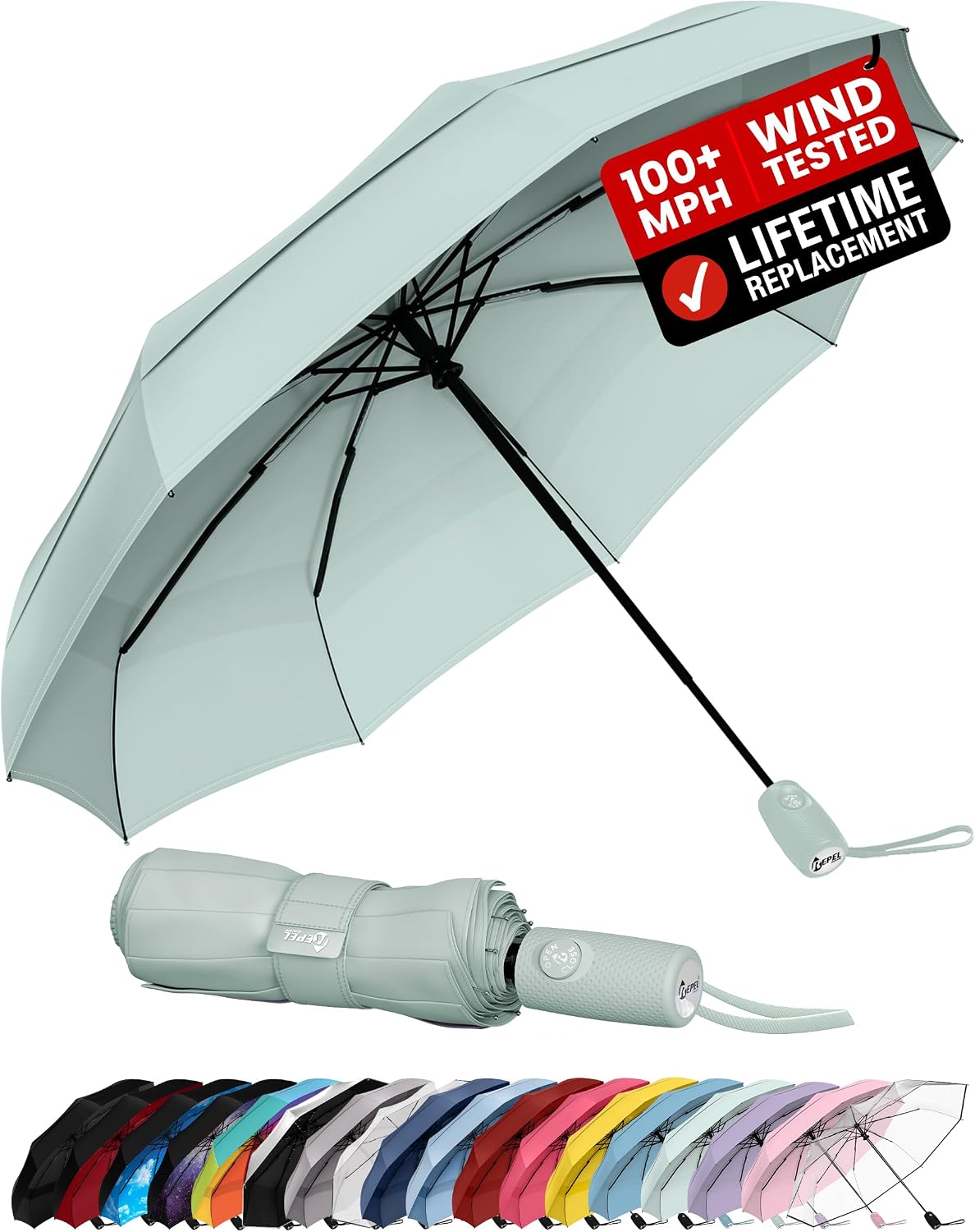 Windproof Travel Umbrella - Compact & Withstands Winds up to 100MPH, Strongest Premium Auto Folding Umbrella for Rain and Sun - Durable, Light & Portable for Women & Men, Fits Backpack & Cars