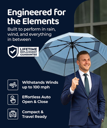 Windproof Travel Umbrella - Compact & Withstands Winds up to 100MPH, Strongest Premium Auto Folding Umbrella for Rain and Sun - Durable, Light & Portable for Women & Men, Fits Backpack & Cars