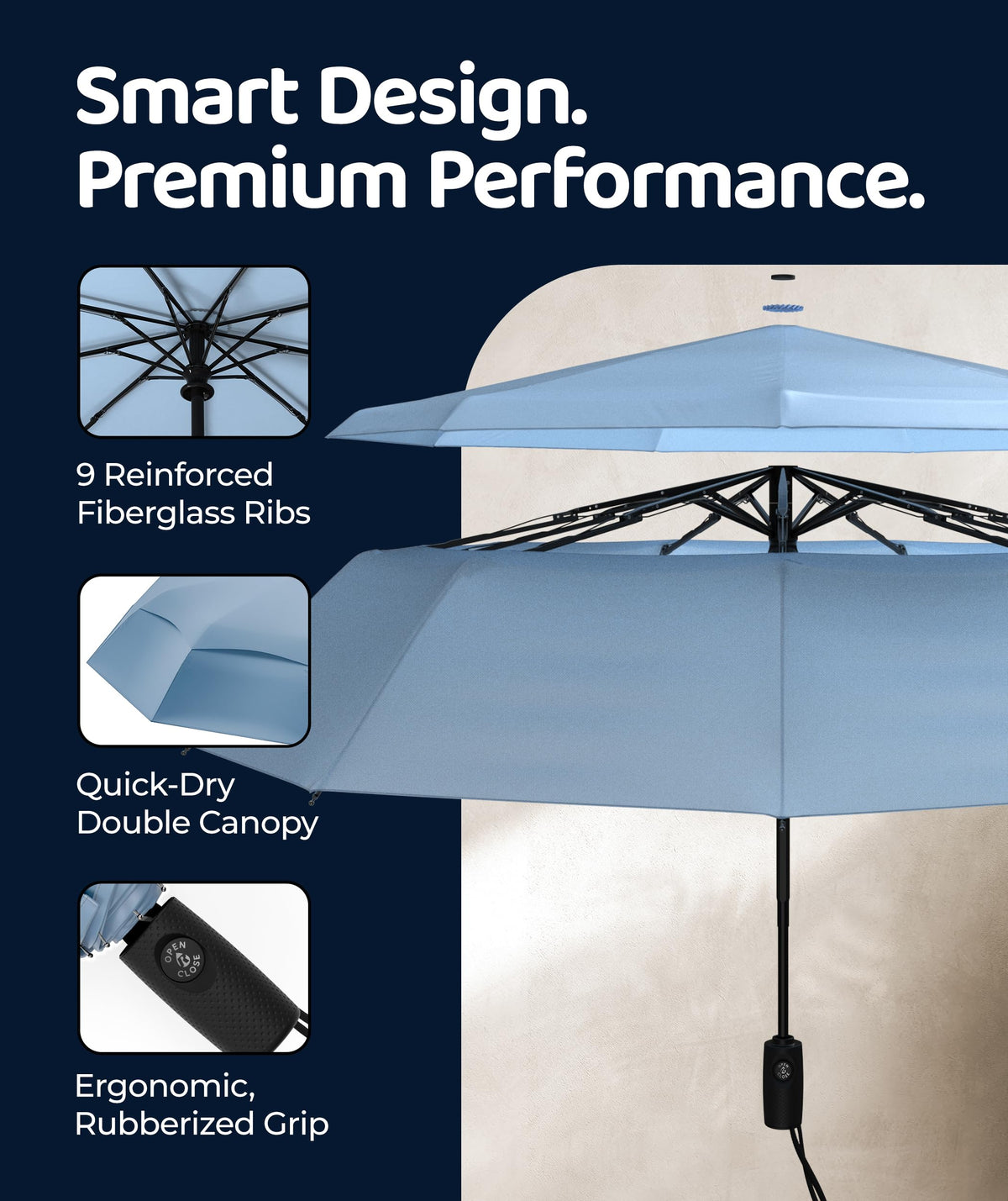 Windproof Travel Umbrella - Compact & Withstands Winds up to 100MPH, Strongest Premium Auto Folding Umbrella for Rain and Sun - Durable, Light & Portable for Women & Men, Fits Backpack & Cars