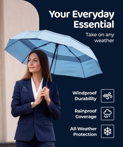 Windproof Travel Umbrella - Compact & Withstands Winds up to 100MPH, Strongest Premium Auto Folding Umbrella for Rain and Sun - Durable, Light & Portable for Women & Men, Fits Backpack & Cars