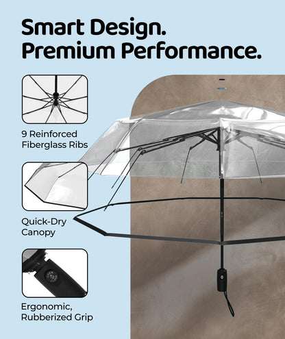 Windproof Travel Umbrella - Compact & Withstands Winds up to 100MPH, Strongest Premium Auto Folding Umbrella for Rain and Sun - Durable, Light & Portable for Women & Men, Fits Backpack & Cars